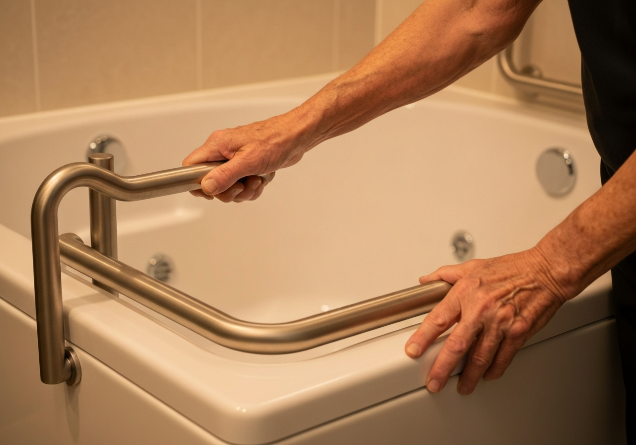 Senior hydrotherapy tub Columbus Ohio — grab bars and water jets inside a walk-in tub for safe therapeutic soaking